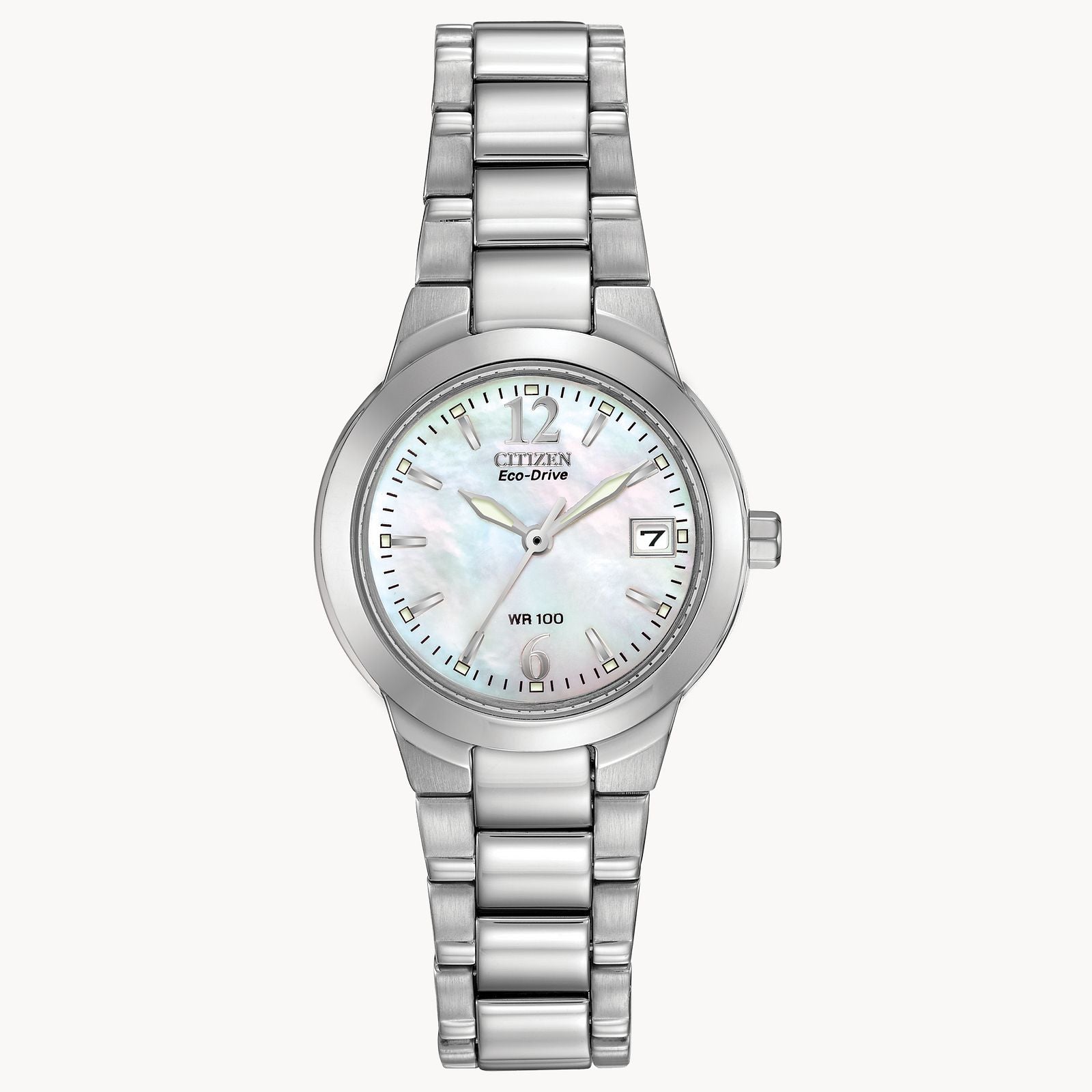 The Citizen Chandler EW1670-59D ladies' sport watch features a stainless steel case, mother-of-pearl dial, silver markers, date at 3 o’clock, WR 100, and a sleek metal link bracelet.