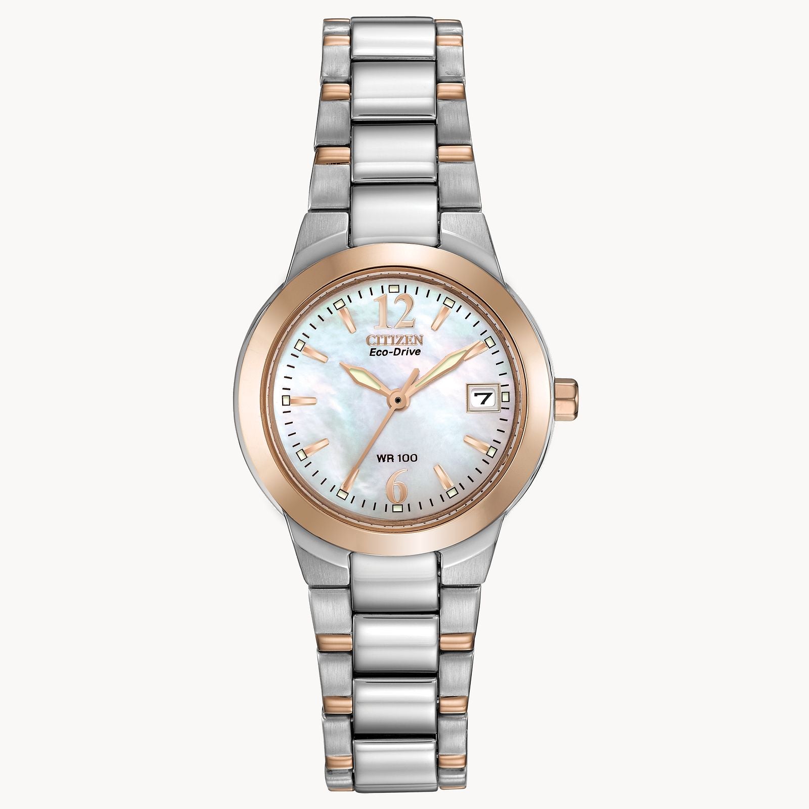 The Citizen Chandler EM1676-52D is a ladies' Eco-Drive watch with a silver and rose gold band, mother-of-pearl dial, gold-tone hands and markers, and a date display at 3 o’clock.