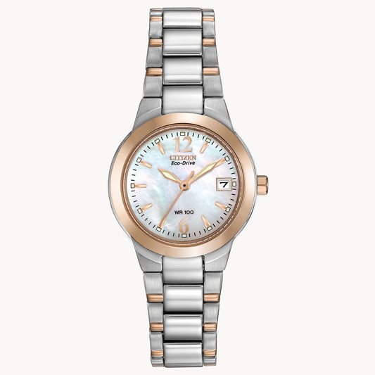 The Citizen Chandler EM1676-52D is a ladies' Eco-Drive watch with a silver and rose gold band, mother-of-pearl dial, gold-tone hands and markers, and a date display at 3 o’clock.