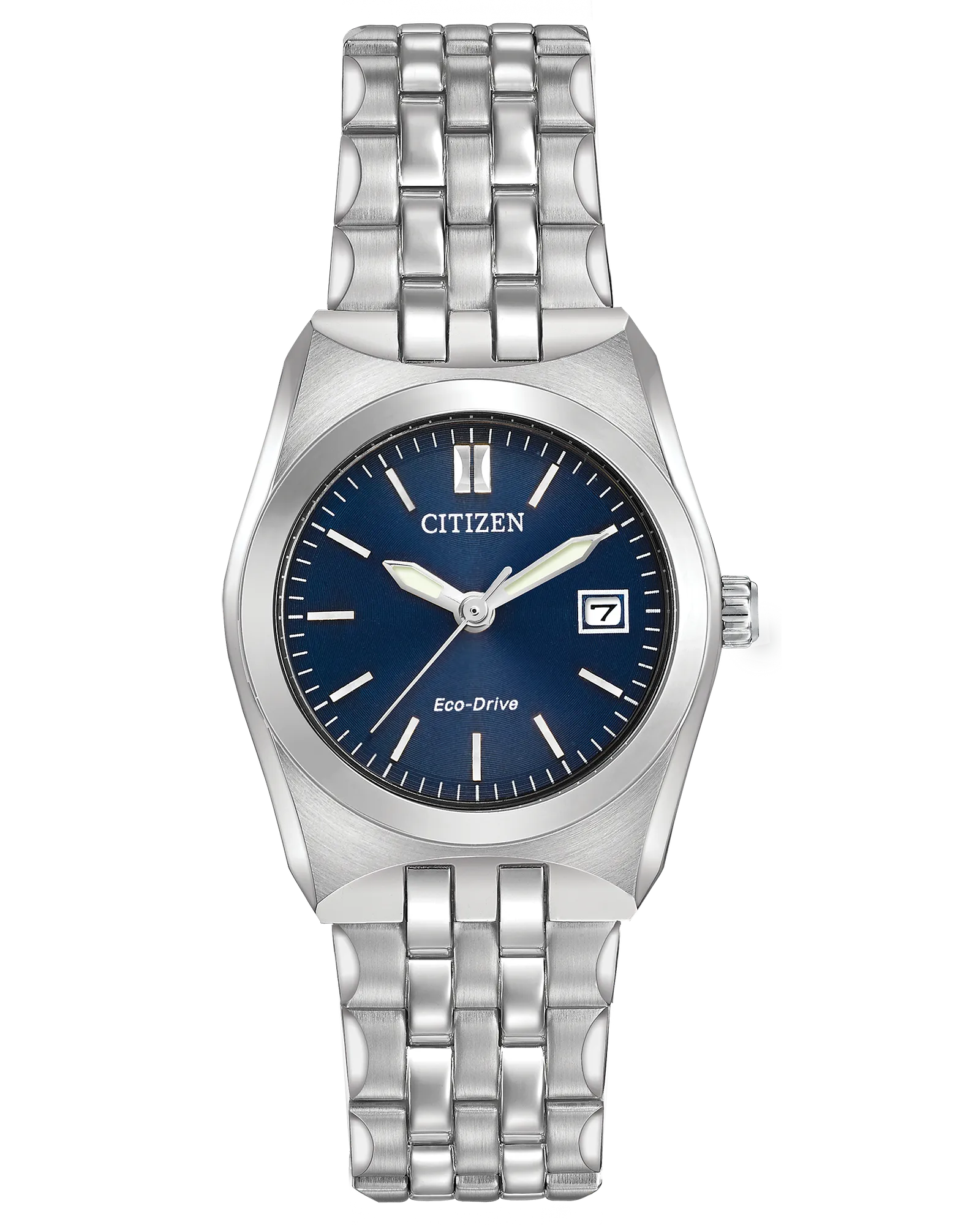 The Citizen Corso EW2290-54L is a silver stainless steel Eco-Drive watch with a blue face, silver hour markers and hands, and a date window at 3 o'clock.