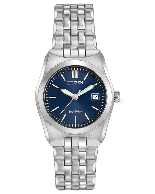 The Citizen Corso EW2290-54L is a silver stainless steel Eco-Drive watch with a blue face, silver hour markers and hands, and a date window at 3 o'clock.