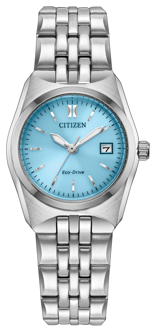 Citizen Ladies’ Corso EW2291-51L watch in silver-tone with a light blue dial, silver hands and markers, and a date window at the 3 o’clock position.
