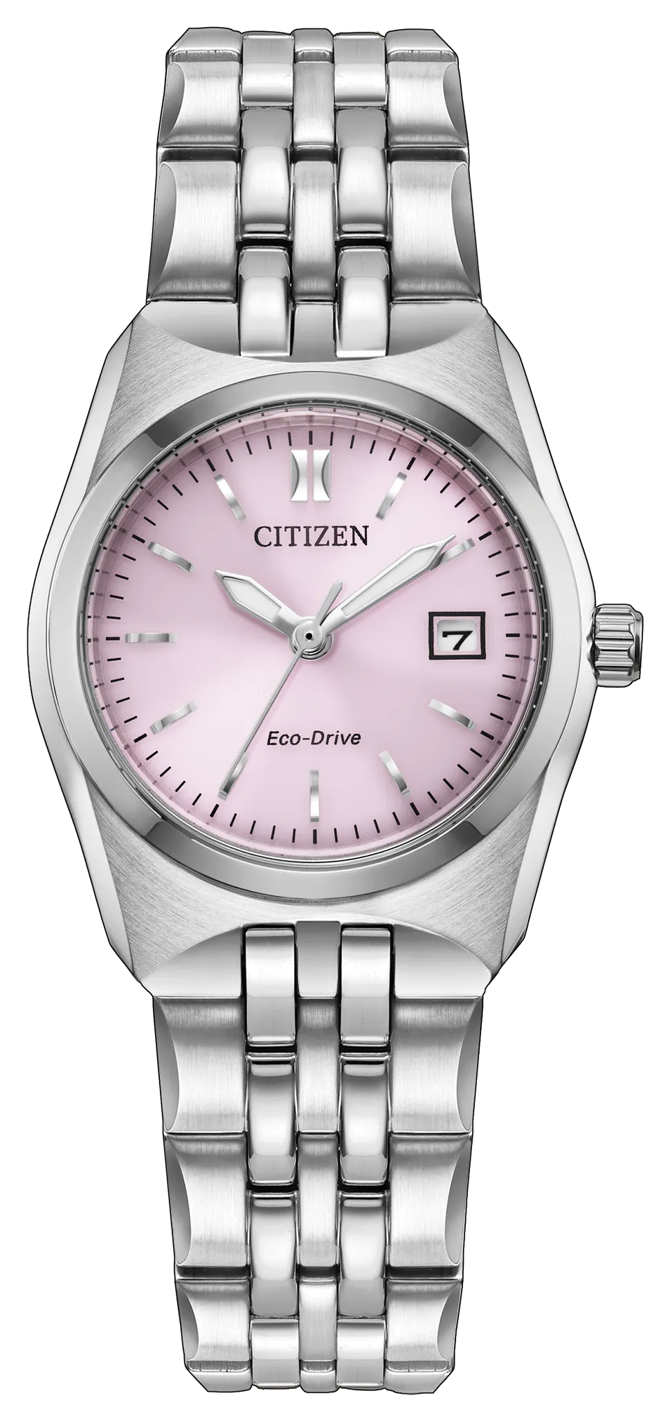 The Citizen Ladies’ Corso EW2291-51X is a stylish stainless steel Eco-Drive watch featuring a pink dial, silver-tone hour markers, three hands, a date window at 3 o’clock, and a sleek linked metal band.