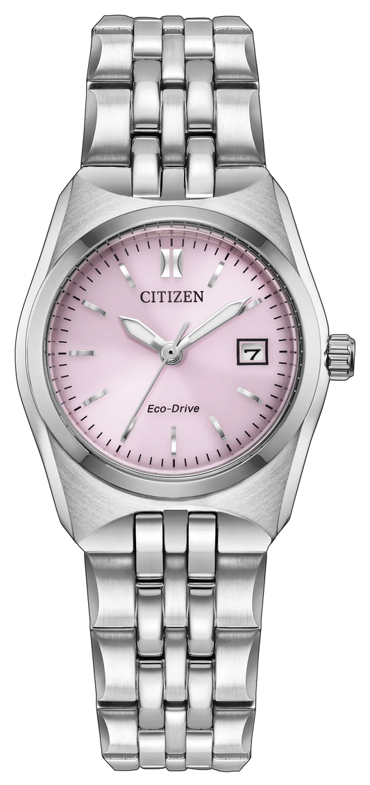 The Citizen Ladies’ Corso EW2291-51X is a stylish stainless steel Eco-Drive watch featuring a pink dial, silver-tone hour markers, three hands, a date window at 3 o’clock, and a sleek linked metal band.