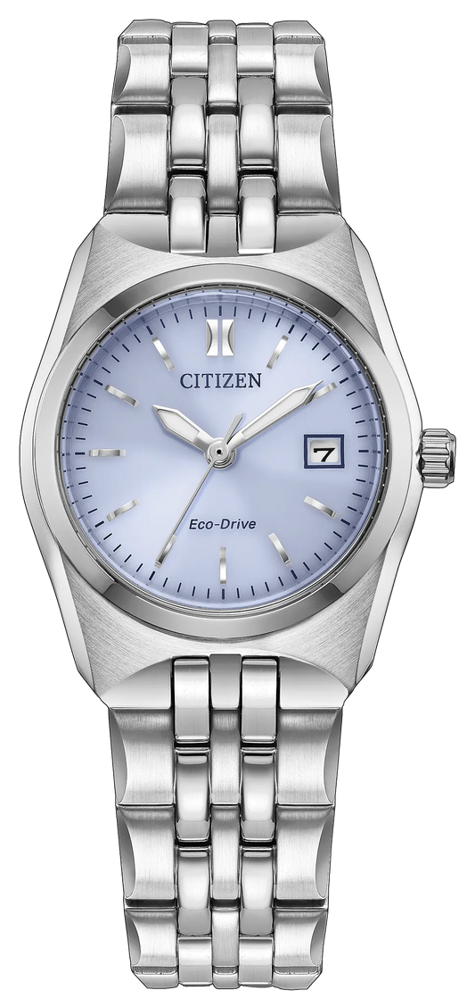 The Citizen Watch - Ladies’ Corso - EW2291-51Z by Citizen showcases a sleek stainless steel link bracelet, a silver-tone case, a light blue to lavender dial with silver hour markers, and a date window positioned at 3 o’clock.