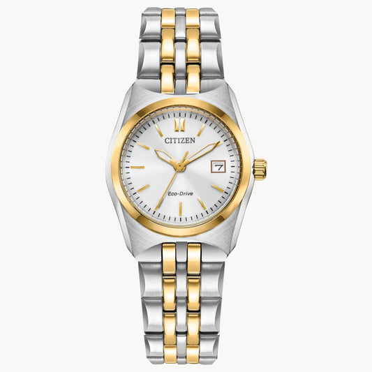 The Citizen Corso EW2299-50A is a women's two-tone stainless steel watch featuring a white dial, gold hour markers, date display at 3 o'clock, and elegant gold accents for timeless style.