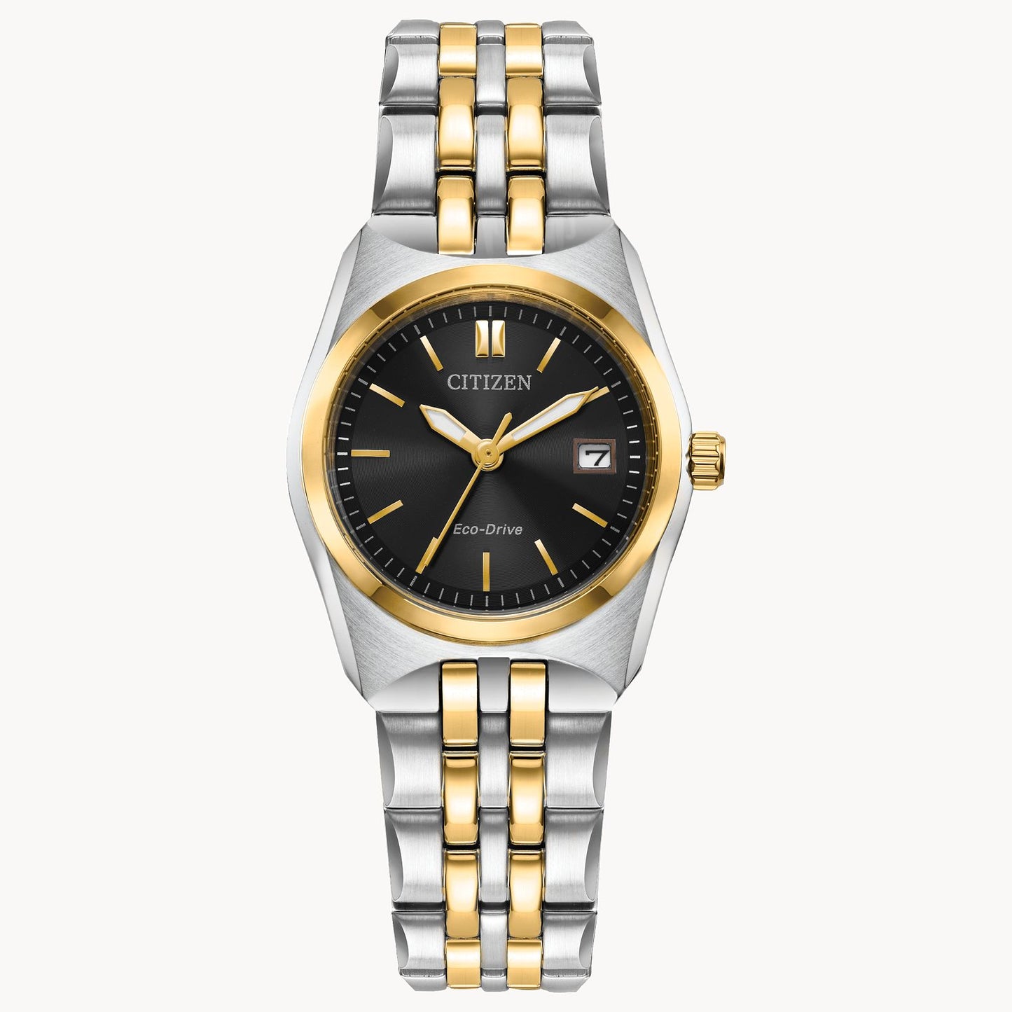 The Citizen Watch - Corso - EW2299-50E is a women’s Eco-Drive watch with a black dial, gold hour markers, date window at 3 o’clock, and a two-tone stainless steel bracelet.