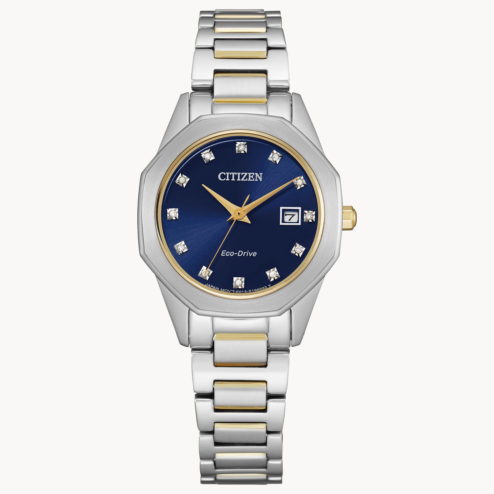 The Citizen Watch Corso EW2584-53L features a blue dial with diamond hour markers, gold hands, a date window at 3 o’clock, and a two-tone stainless steel band with gold-tone accents.