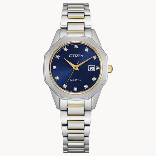 The Citizen Watch Corso EW2584-53L features a blue dial with diamond hour markers, gold hands, a date window at 3 o’clock, and a two-tone stainless steel band with gold-tone accents.