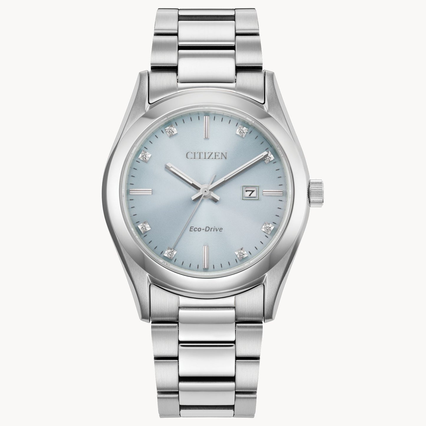 The Citizen Watch - Sport Luxury - EW2700-54L features a silver stainless steel bracelet, light blue face, silver hour markers, date window at 3 o'clock, and a minimalist, elegant design.