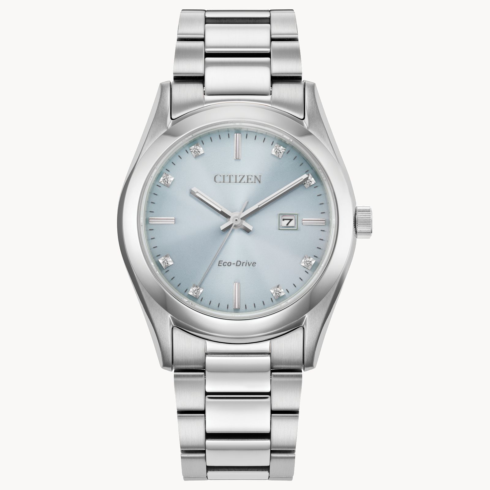 The Citizen Watch - Sport Luxury - EW2700-54L features a silver stainless steel bracelet, light blue face, silver hour markers, date window at 3 o'clock, and a minimalist, elegant design.