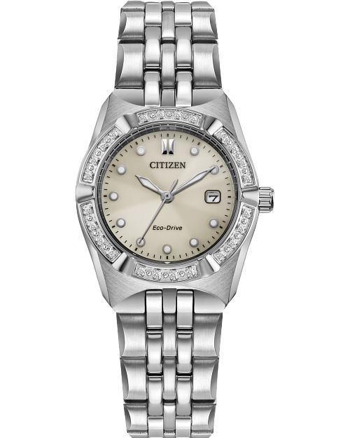 The Citizen Watch - Ladies Corso Diamond (EW2710-51X) features a silver metal link band, round light beige dial with date display, silver hour markers, and a diamond-accented bezel for added elegance.