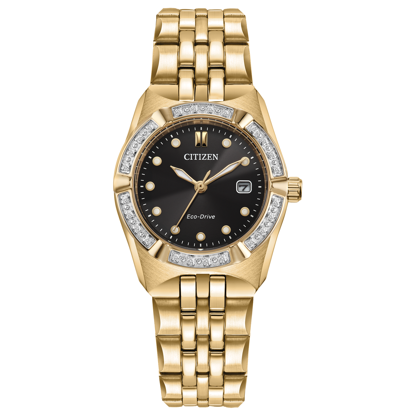 The Citizen Ladies Corso Eco-Drive (EW2712-55E) features a gold-tone case and link bracelet, black dial, diamond-accented bezel, gold hour markers, date at 3 o’clock, and “Citizen” with “Eco-Drive” on the face.