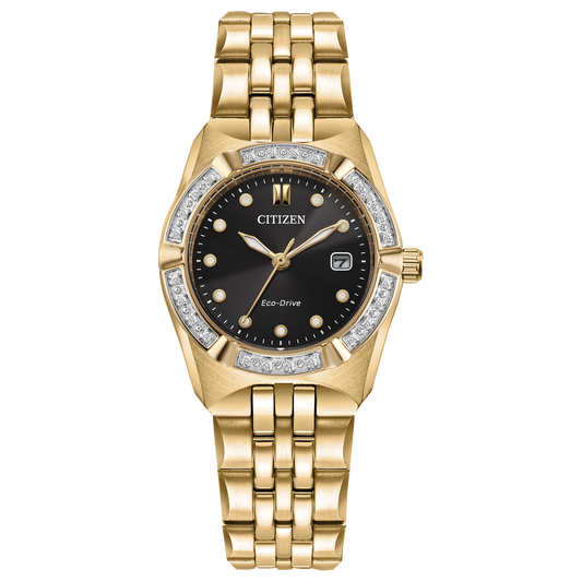 The Citizen Ladies Corso Eco-Drive (EW2712-55E) features a gold-tone case and link bracelet, black dial, diamond-accented bezel, gold hour markers, date at 3 o’clock, and “Citizen” with “Eco-Drive” on the face.