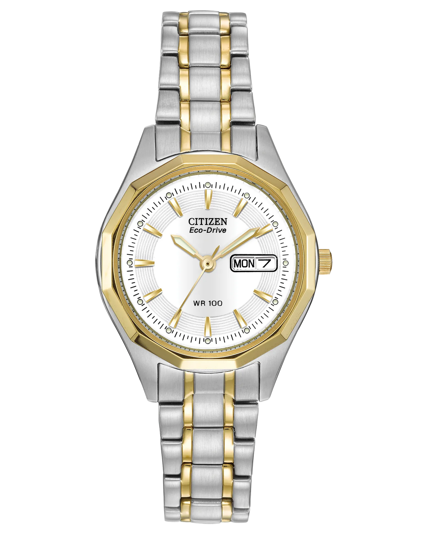 The Citizen Watch - Corso - EW3144-51A features a two-tone stainless steel band, white dial, gold hour markers, day-date display at 3 o’clock, and water resistance.