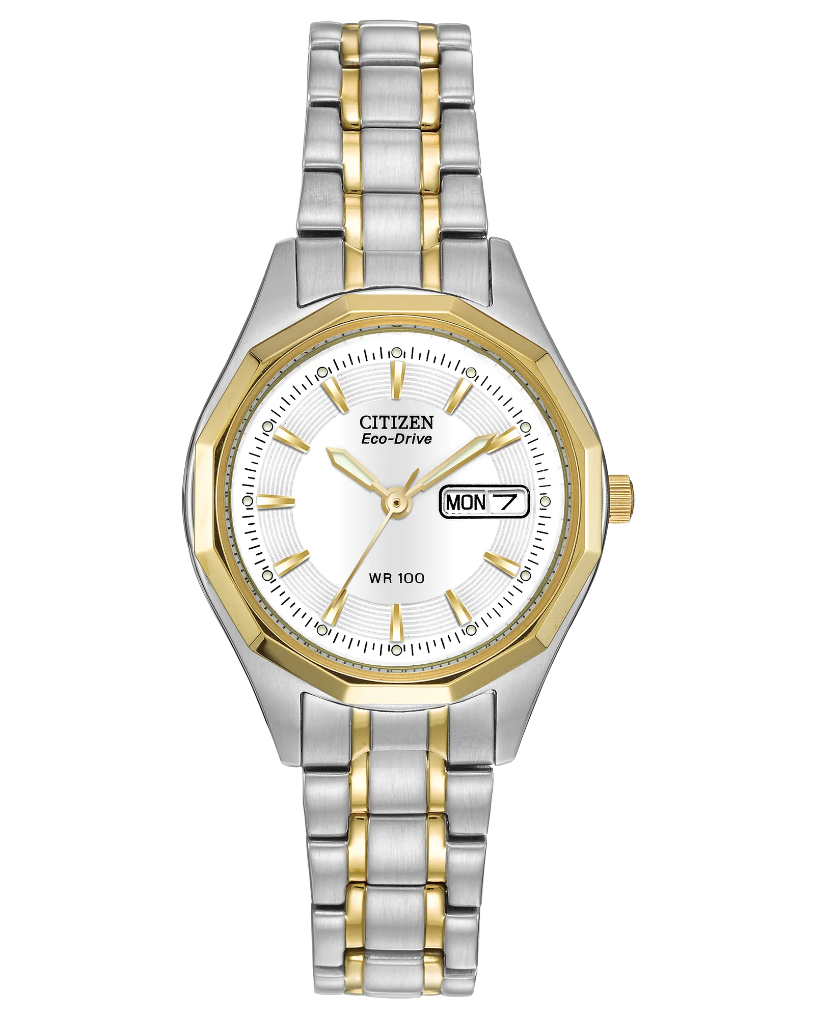 The Citizen Watch - Corso - EW3144-51A features a two-tone stainless steel band, white dial, gold hour markers, day-date display at 3 o’clock, and water resistance.