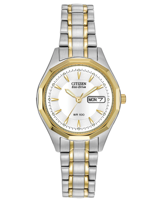 The Citizen Watch - Corso - EW3144-51A features a two-tone stainless steel band, white dial, gold hour markers, day-date display at 3 o’clock, and water resistance.