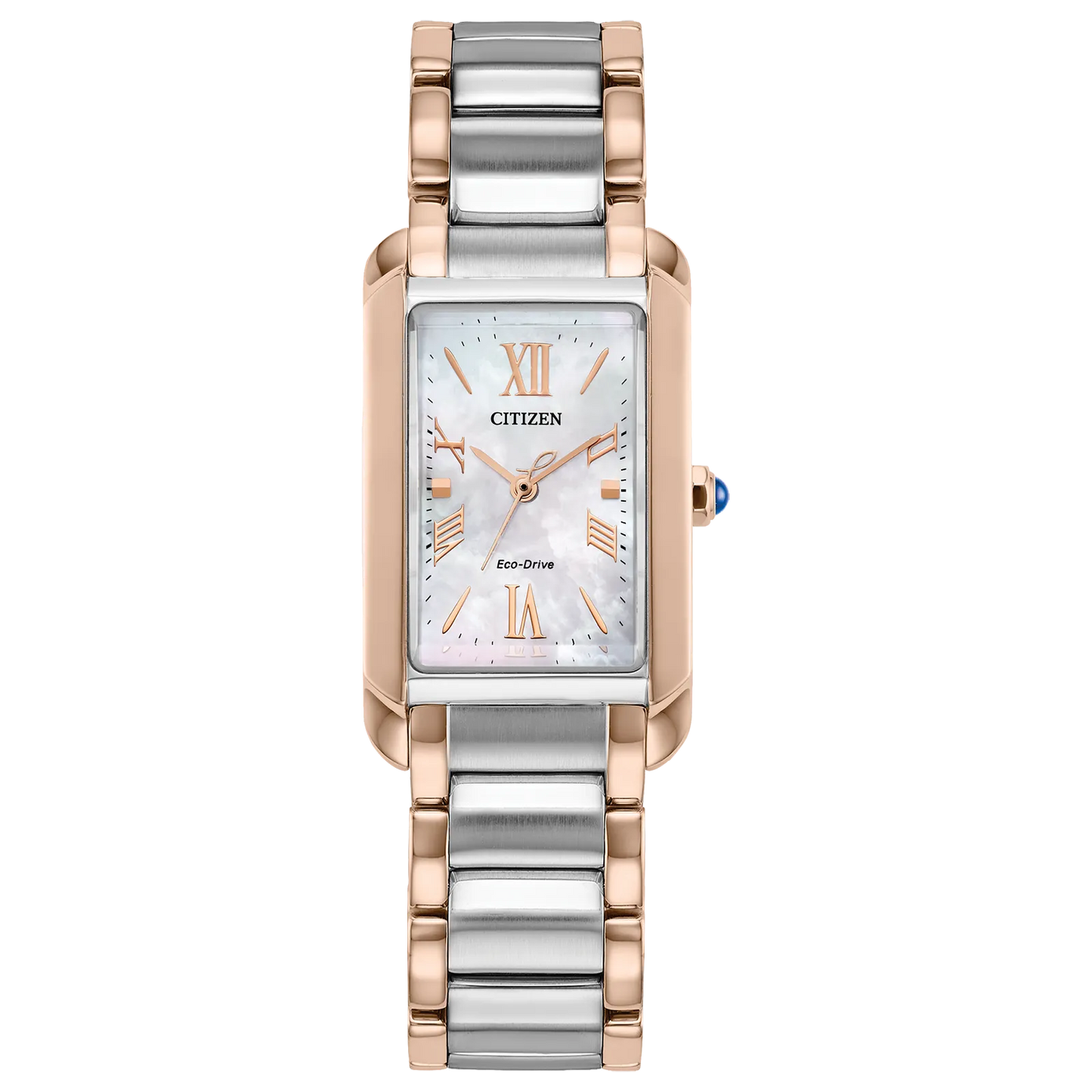 The Citizen Watch - Bianca (EW5624-54Y) is a women’s luxury timepiece featuring a rectangular face, two-tone silver and rose gold band, white dial, and rose gold Roman numeral markers for timeless art deco elegance.