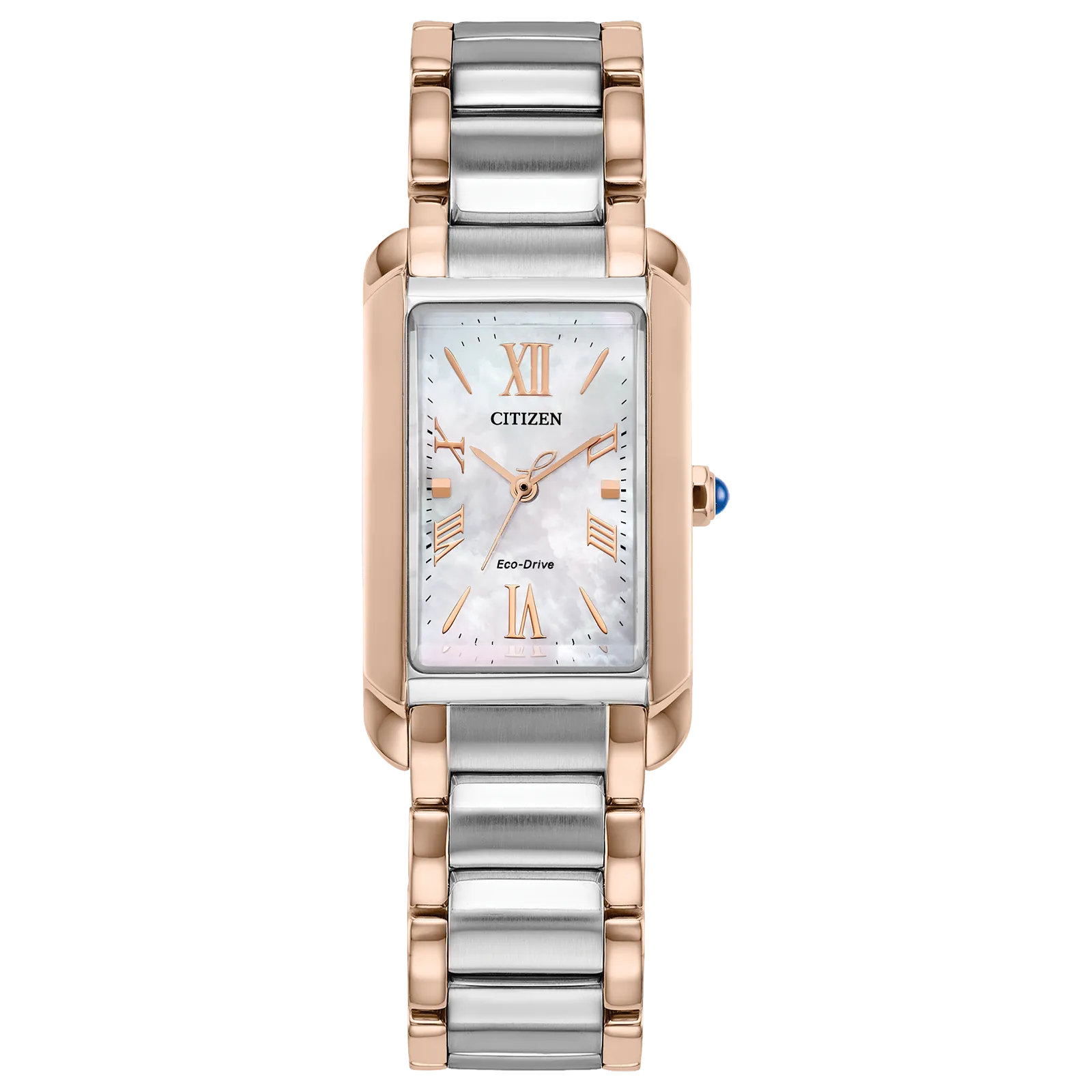 The Citizen Watch - Bianca (EW5624-54Y) is a women’s luxury timepiece featuring a rectangular face, two-tone silver and rose gold band, white dial, and rose gold Roman numeral markers for timeless art deco elegance.