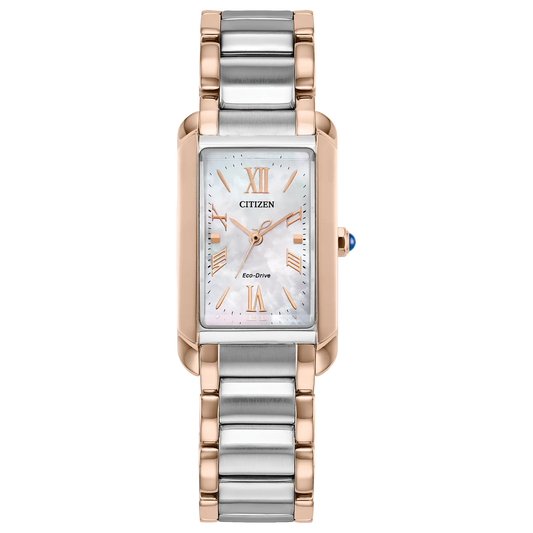 The Citizen Watch - Bianca (EW5624-54Y) is a women’s luxury timepiece featuring a rectangular face, two-tone silver and rose gold band, white dial, and rose gold Roman numeral markers for timeless art deco elegance.