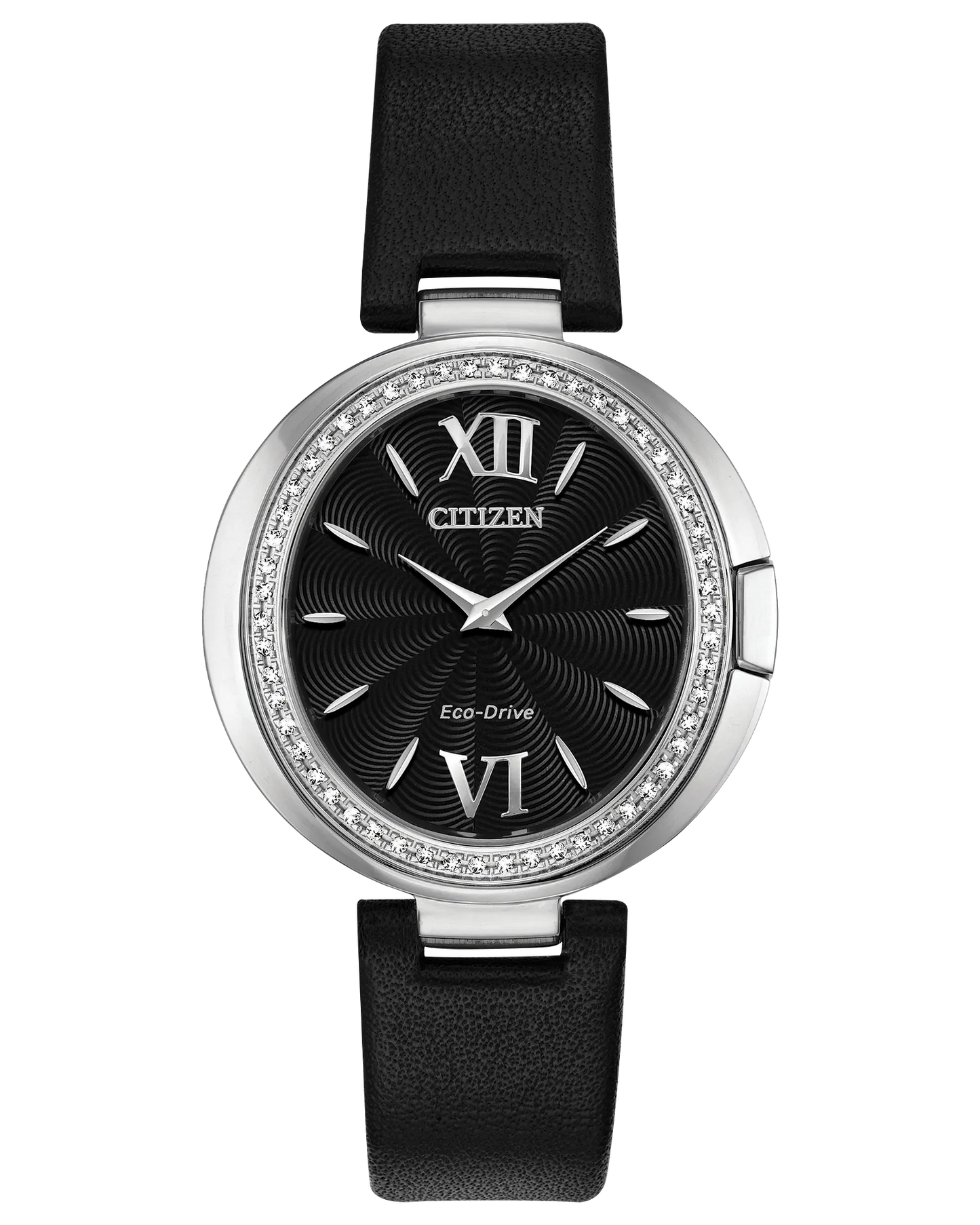 The Citizen Watch Capella EX1500-01E features Eco-Drive technology, a black leather strap, black textured dial, silver hands, Roman numerals at 12 and 6, and a crystal-adorned silver bezel.