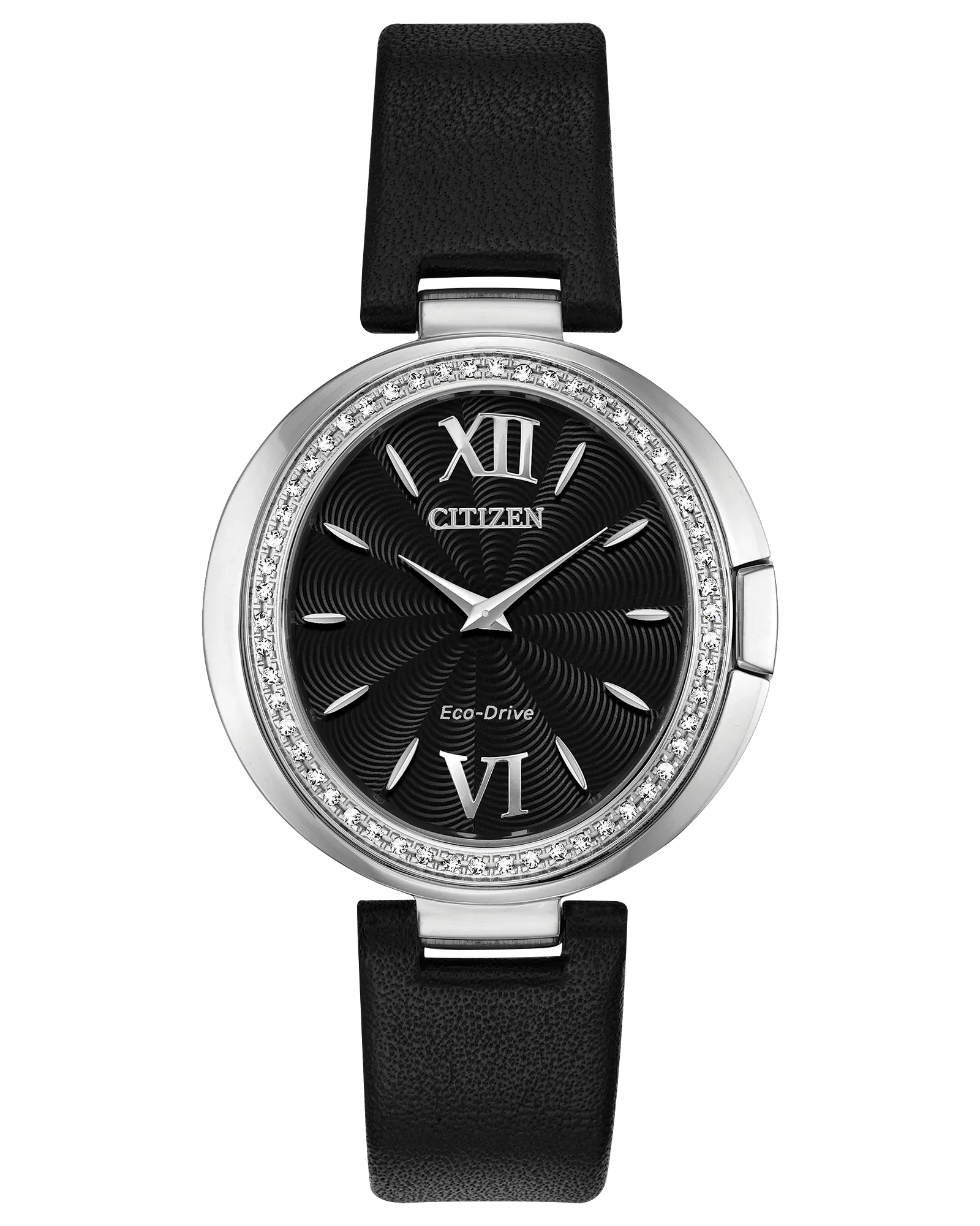 The Citizen Watch Capella EX1500-01E features Eco-Drive technology, a black leather strap, black textured dial, silver hands, Roman numerals at 12 and 6, and a crystal-adorned silver bezel.