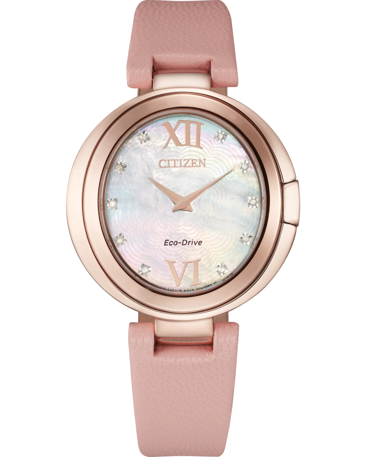 The Citizen Capella EX1513-18D is a women's Eco-Drive watch with a rose gold case, blush pink leather strap, mother-of-pearl dial, Roman numerals at 12/6, and sparkling diamond-like hour markers.