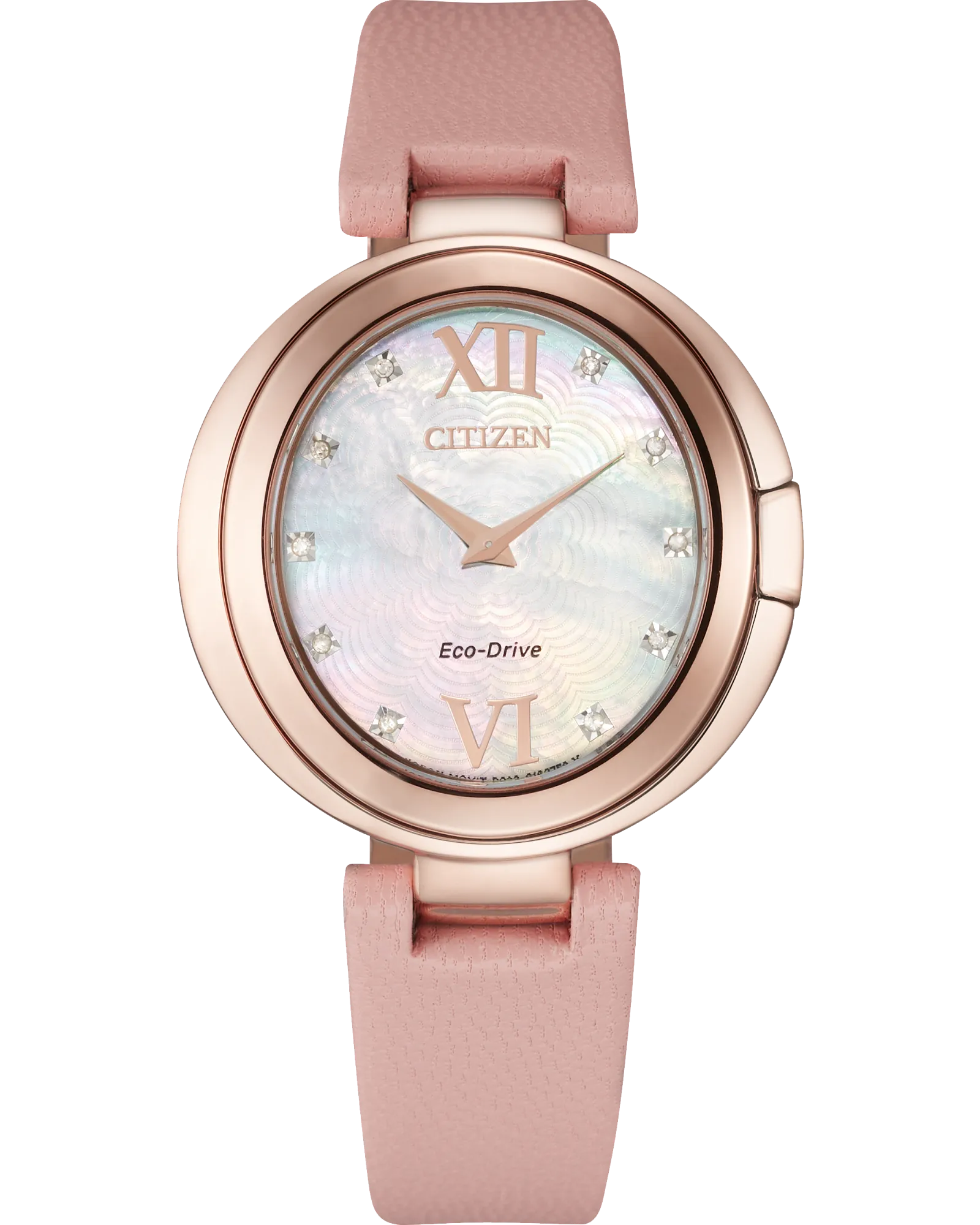 The Citizen Capella EX1513-18D is a women's Eco-Drive watch with a rose gold case, blush pink leather strap, mother-of-pearl dial, Roman numerals at 12/6, and sparkling diamond-like hour markers.