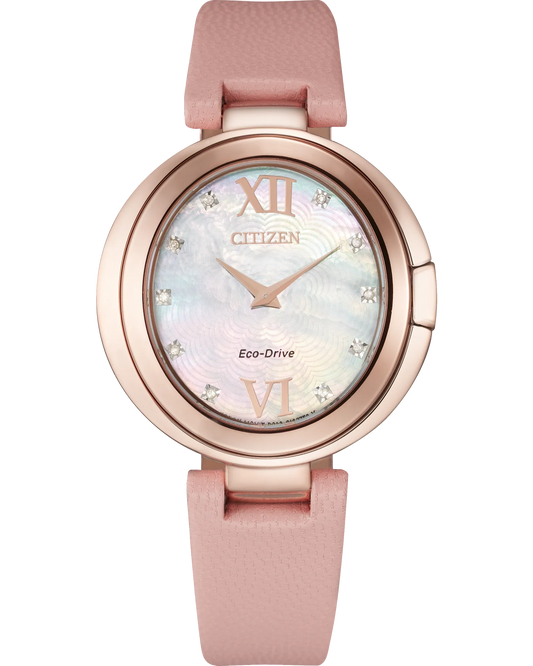The Citizen Capella EX1513-18D is a women's Eco-Drive watch with a rose gold case, blush pink leather strap, mother-of-pearl dial, Roman numerals at 12/6, and sparkling diamond-like hour markers.