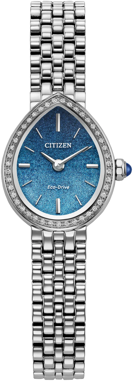 A silver Citizen Watch - Citizen L Rainell Limited Edition (EX1540-58L) women’s wristwatch by Citizen, featuring Eco-Drive technology, a blue teardrop-shaped face with minimalist hour markers, sparkling crystal accents around the diamond-set bezel, and a sleek metal link bracelet.