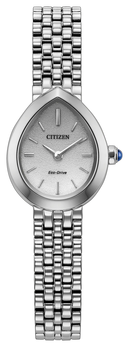 Citizen L Rainell Eco-Drive women’s watch (EX1550-54A) by Citizen features a distinctive teardrop-shaped face, minimalist dial with silver hour markers, and a refined stainless steel bracelet. The crown is accented with a small blue jewel.