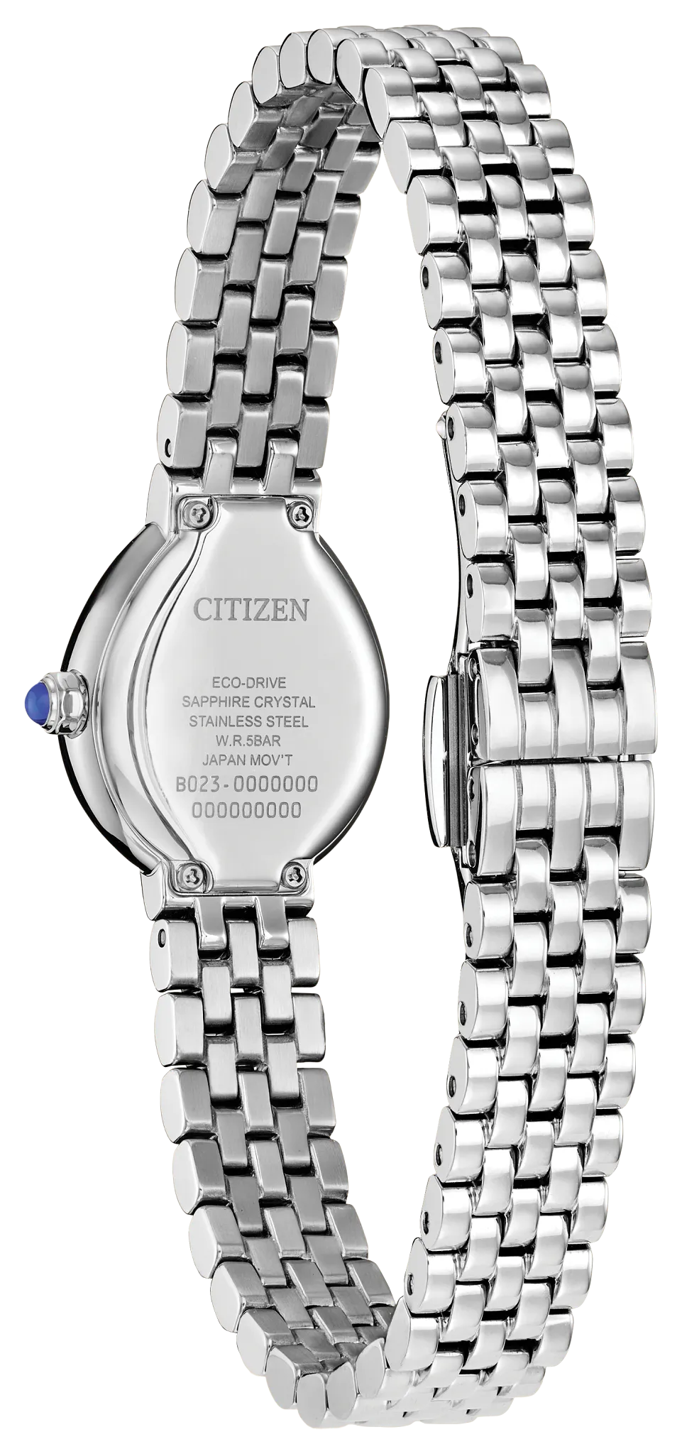 A close-up of the back of a silver Citizen Watch - Ladies’ Citizen L Rainell - EX1550-54E with a stainless steel bracelet, engraved details, and a small blue crown on the side.