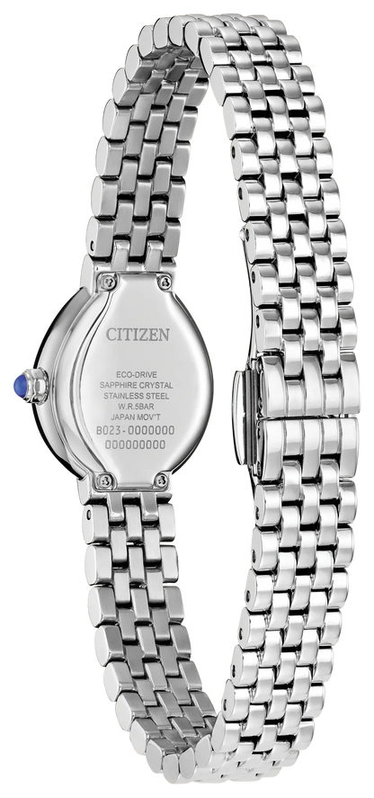 A close-up of the back of a silver Citizen Watch - Ladies’ Citizen L Rainell - EX1550-54E with a stainless steel bracelet, engraved details, and a small blue crown on the side.