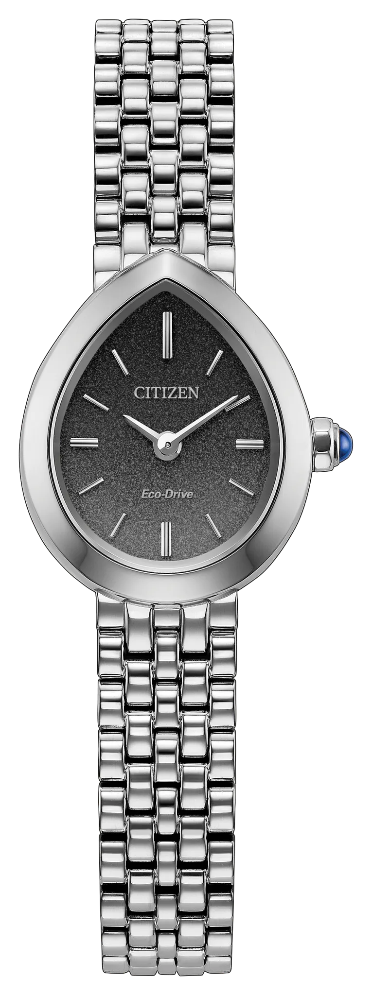 The Citizen Watch - Ladies’ Citizen L Rainell - EX1550-54E features a silver stainless steel bracelet, teardrop-shaped black face, silver hour markers, and a blue crown accent.