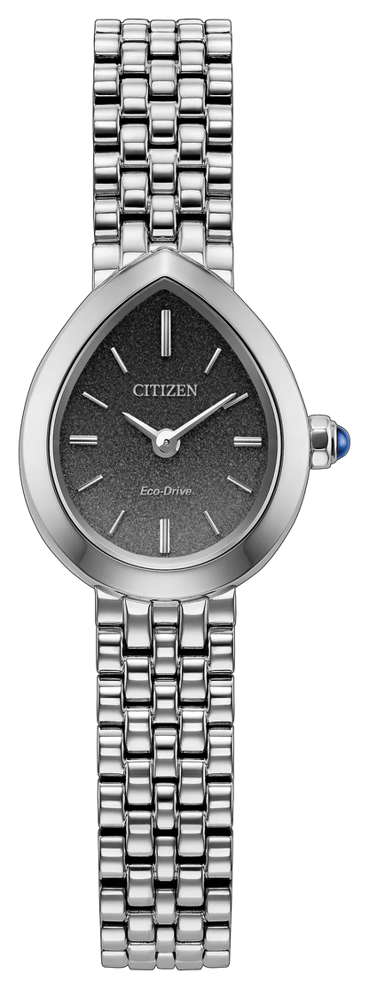 The Citizen Watch - Ladies’ Citizen L Rainell - EX1550-54E features a silver stainless steel bracelet, teardrop-shaped black face, silver hour markers, and a blue crown accent.