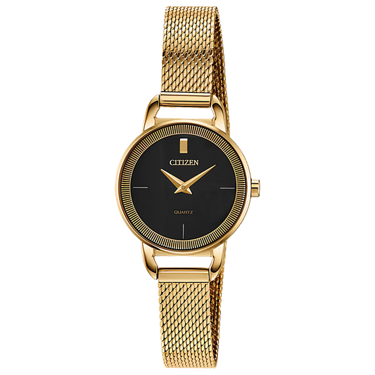 The Citizen Watch - Ladies Quartz (EZ7002-54E) features a black sunray dial, gold hour and minute hands, a rectangular 12 o’clock marker, and a gold-tone stainless steel mesh band.