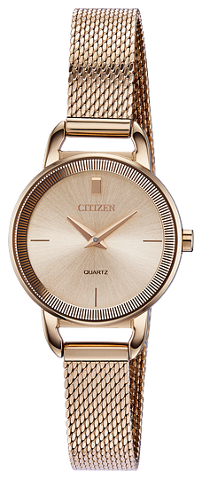 The Citizen Watch - Quartz - EZ7003-51X is a women's timepiece in rose gold-tone with a minimalist design, quartz movement, mesh band, round face, and simple hour markers without numbers.