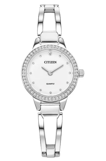 Discover the Citizen Quartz Ladies Watch (EZ7011-88A): silver-tone with a round white dial, crystal-accented bezel, minimalist hour markers, and slim metal bracelet—available at Harris Jewelers Albuquerque.