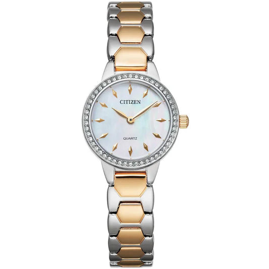 The Citizen Watch - Quartz - EZ7016-50D for women features a round case, silver and gold-tone link bracelet, crystal-studded bezel, white mother-of-pearl dial, and gold-tone markers and hands. Elegant face displays CITIZEN and QUARTZ.