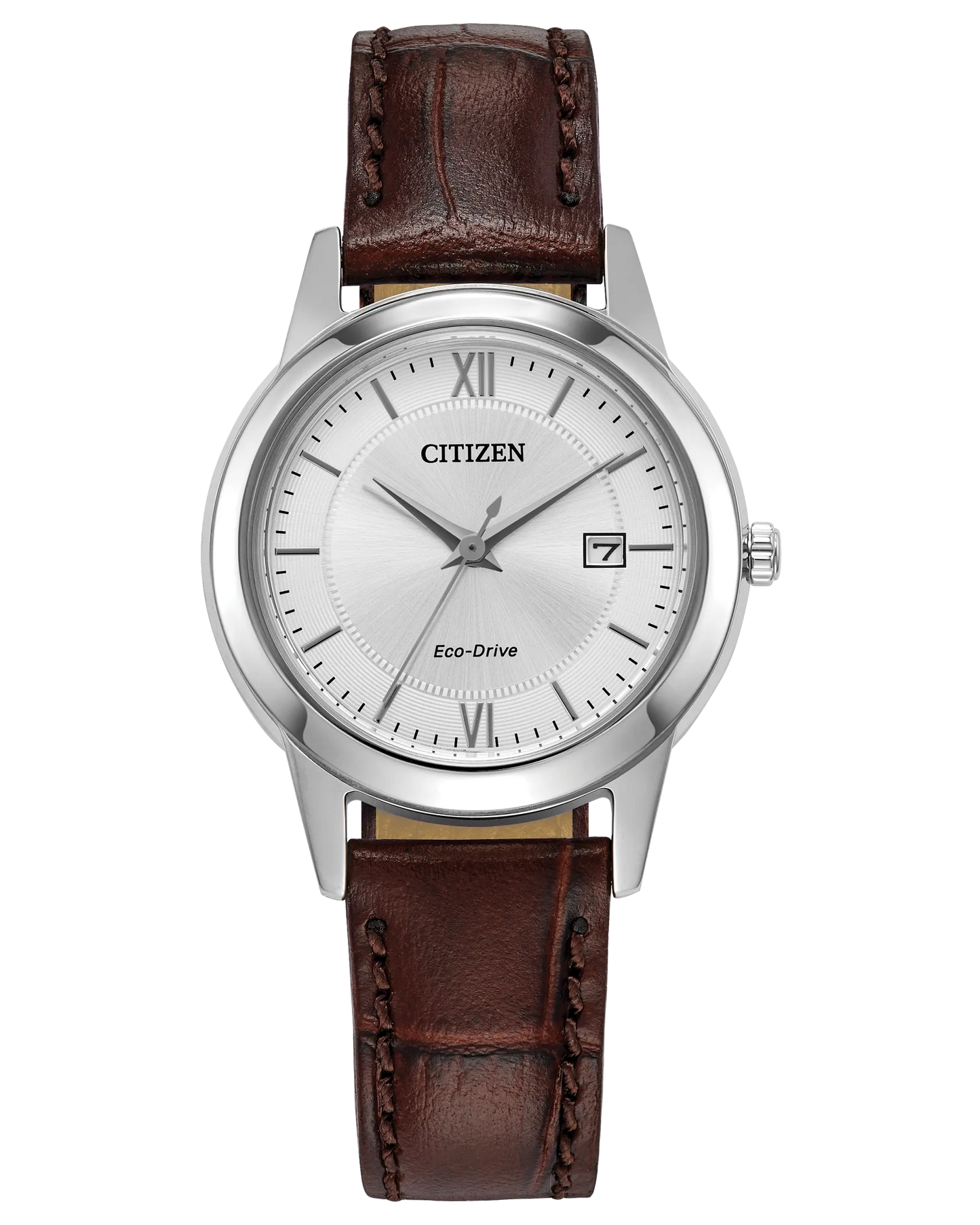 The Citizen Watch - Classic - FE1087-28A by Citizen features a silver dial, Roman numerals at 12 and 6, date window at 3, and a brown leather strap with visible stitching—a timeless women’s stainless steel accessory.