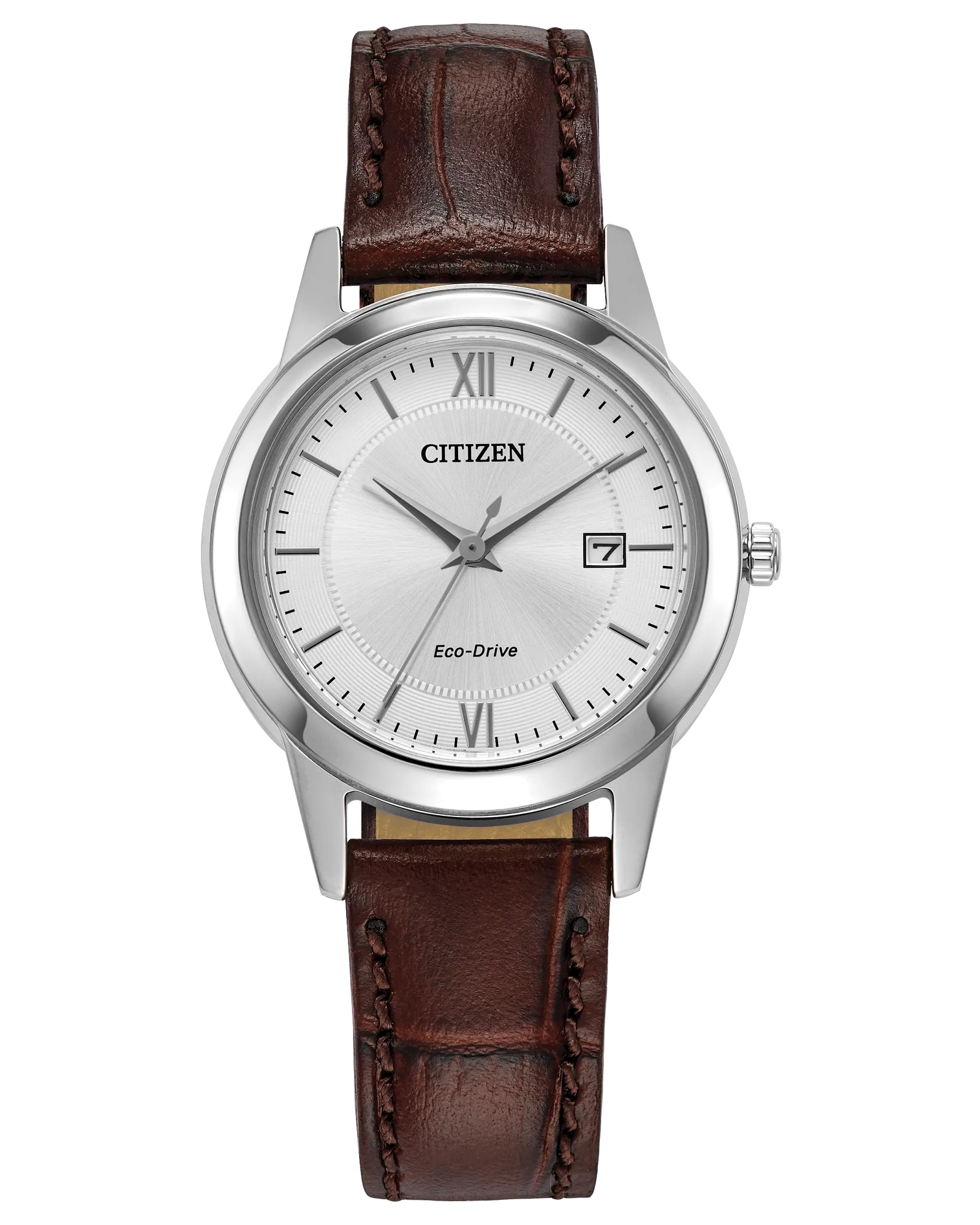 The Citizen Watch - Classic - FE1087-28A by Citizen features a silver dial, Roman numerals at 12 and 6, date window at 3, and a brown leather strap with visible stitching—a timeless women’s stainless steel accessory.