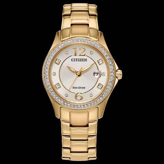 The Citizen Watch - Crystal - FE1147-79P features a gold-tone stainless steel case, round silver dial, crystal-accented bezel, gold-tone markers, date window at 3 o’clock, and a sleek gold link band.