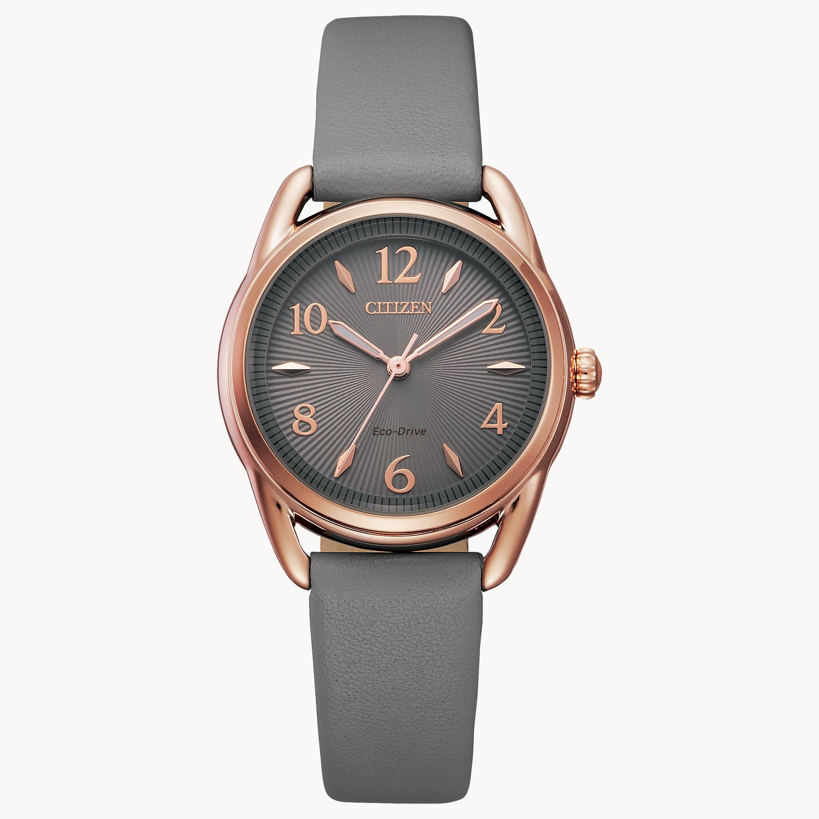 The Citizen Watch - Drive Collection - FE1218-05H features a rose gold case, gray textured dial with gold markers and hands, gray leather strap, 1:35 on the dial, and Eco-Drive displayed. Brand: Citizen.