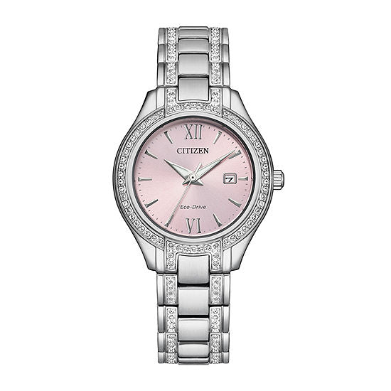 The Citizen Watch - Silhouette Crystal FE1230-51X by Citizen features a pink face, Roman numerals, date display, sparkling stones on the bezel and bracelet, and a stainless steel link band for an elegant look.