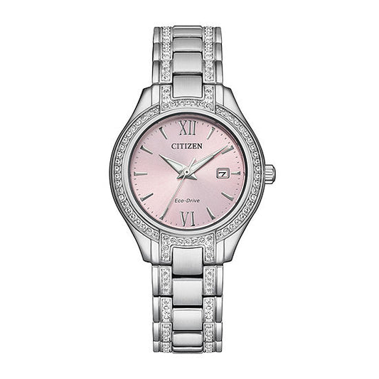 The Citizen Watch - Silhouette Crystal FE1230-51X by Citizen features a pink face, Roman numerals, date display, sparkling stones on the bezel and bracelet, and a stainless steel link band for an elegant look.
