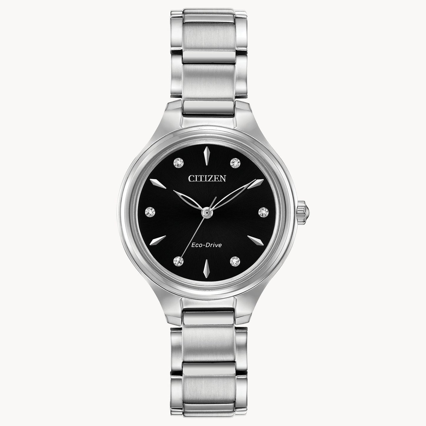The Citizen Corso Collection FE2100-51E is a silver Eco-Drive watch with a black round face, silver hands, diamond hour markers, and a sleek metal link band.