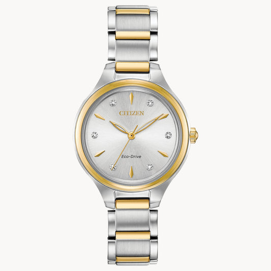 The Citizen Watch Corso FE2104-50A features a two-tone silver and gold stainless steel band, a silver dial with gold hour markers, three gold hands, four diamond accents, and offers Eco-Drive technology for an elegant look.