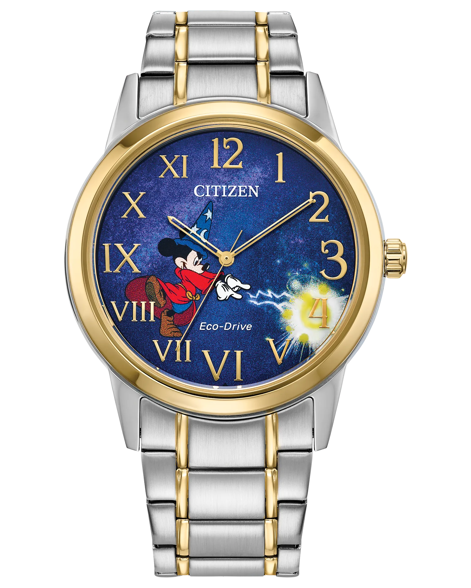 The Citizen Watch - Sorcerer's Apprentice Mickey (FE7064-71W) features a silver and gold band, blue starry dial, gold Roman and Arabic numerals, and Mickey from Disney's Fantasia pointing to the hands.