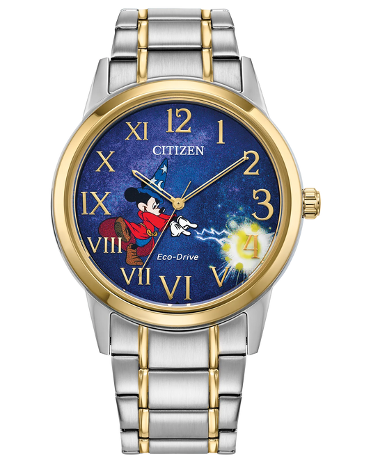 The Citizen Watch - Sorcerer's Apprentice Mickey (FE7064-71W) features a silver and gold band, blue starry dial, gold Roman and Arabic numerals, and Mickey from Disney's Fantasia pointing to the hands.