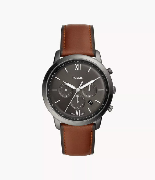 A Fossil Watch - Neutra Chronograph - FS5514 by Fossil, featuring a dark round dial with three subdials and a date window, paired with an amber leather strap, displayed on a white background.